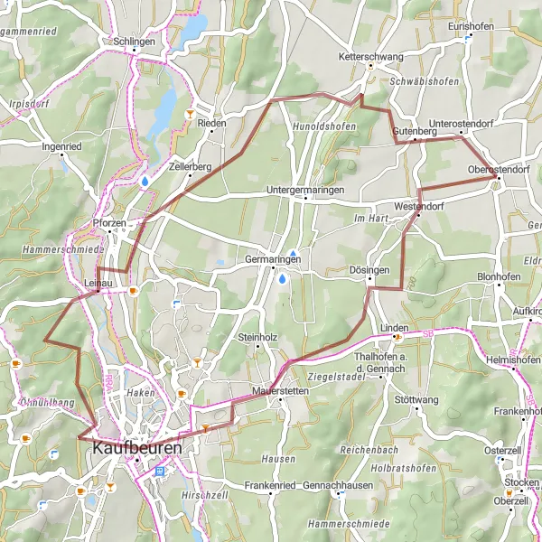 Map miniature of "Exploring Mauerstetten, Kaufbeuren Viewpoint, and Pforzen" cycling inspiration in Schwaben, Germany. Generated by Tarmacs.app cycling route planner