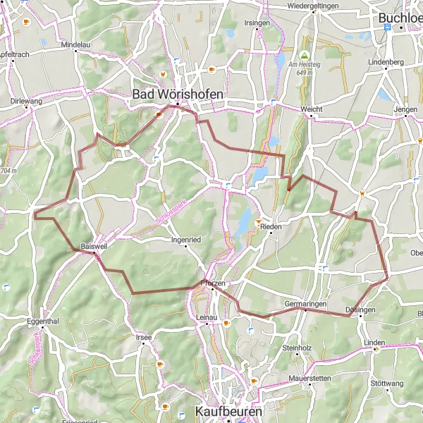 Karten-Miniaturansicht der Radinspiration "Gravel Rundweg von Pforzen nach Westendorf" in Schwaben, Germany. Erstellt vom Tarmacs.app-Routenplaner für Radtouren