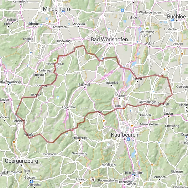 Map miniature of "Germaringen - Ronsberg Gravel Adventure" cycling inspiration in Schwaben, Germany. Generated by Tarmacs.app cycling route planner