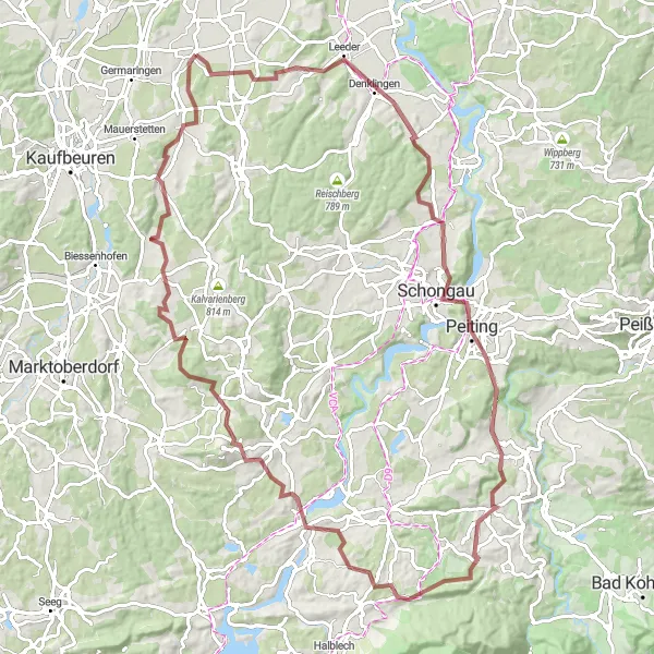 Map miniature of "Denklingen - Guckenbichel Gravel Epic Adventure" cycling inspiration in Schwaben, Germany. Generated by Tarmacs.app cycling route planner