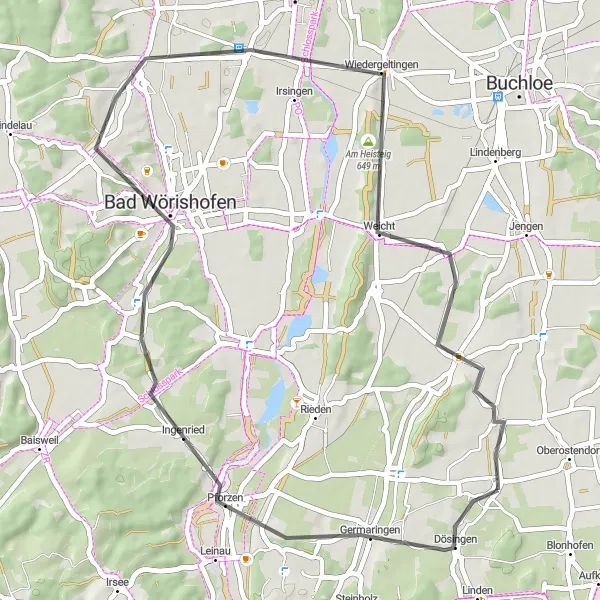 Map miniature of "Pforzen Circuit" cycling inspiration in Schwaben, Germany. Generated by Tarmacs.app cycling route planner