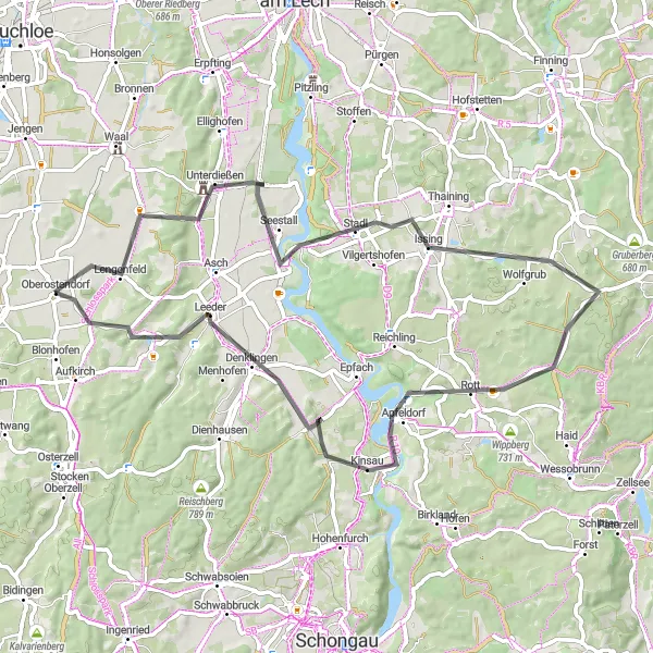 Map miniature of "Unterdießen - Dettenschwang Road Cycling Challenge" cycling inspiration in Schwaben, Germany. Generated by Tarmacs.app cycling route planner