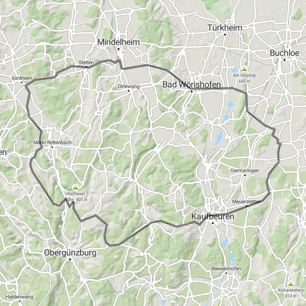 Map miniature of "From Westendorf to Apfeltrach" cycling inspiration in Schwaben, Germany. Generated by Tarmacs.app cycling route planner