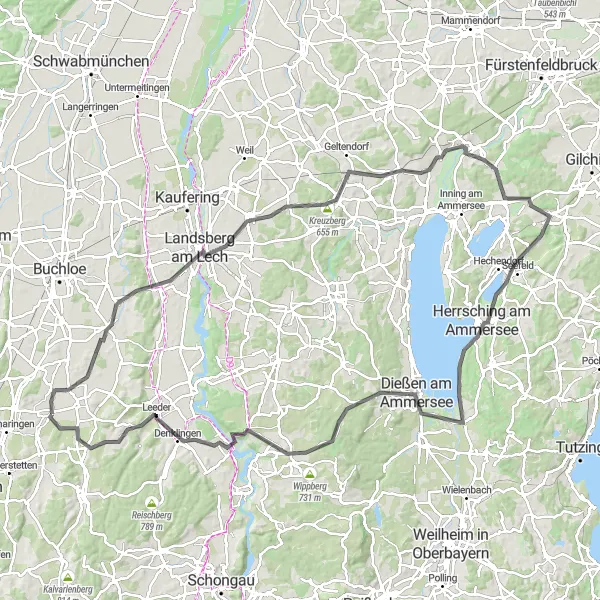 Map miniature of "The Ammersee Triangle" cycling inspiration in Schwaben, Germany. Generated by Tarmacs.app cycling route planner