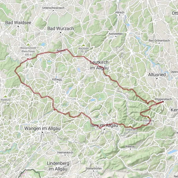 Map miniature of "The Allgäu Gravel Adventure Extraordinaire" cycling inspiration in Schwaben, Germany. Generated by Tarmacs.app cycling route planner