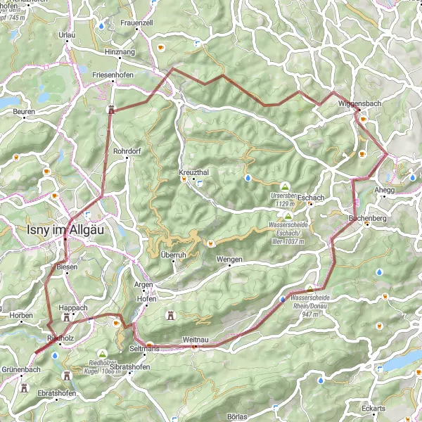 Map miniature of "Allgäu Gravel Adventure" cycling inspiration in Schwaben, Germany. Generated by Tarmacs.app cycling route planner