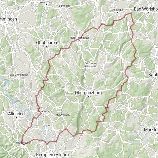 Map miniature of "Allgäu Epic Gravel Challenge" cycling inspiration in Schwaben, Germany. Generated by Tarmacs.app cycling route planner