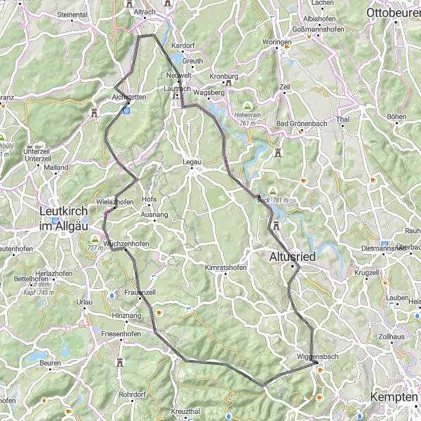 Map miniature of "Villages and Valleys" cycling inspiration in Schwaben, Germany. Generated by Tarmacs.app cycling route planner
