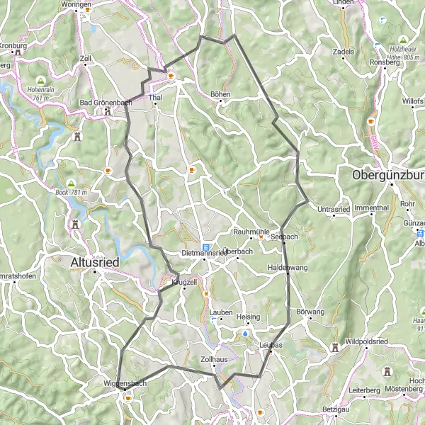 Map miniature of "The Wolfertschwenden Challenge" cycling inspiration in Schwaben, Germany. Generated by Tarmacs.app cycling route planner
