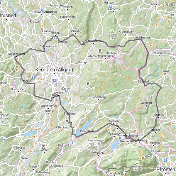 Map miniature of "Allgäu Road Scenic Tour" cycling inspiration in Schwaben, Germany. Generated by Tarmacs.app cycling route planner