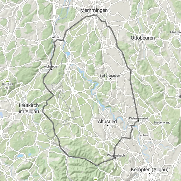 Map miniature of "Memmingen Countryside Ride" cycling inspiration in Schwaben, Germany. Generated by Tarmacs.app cycling route planner