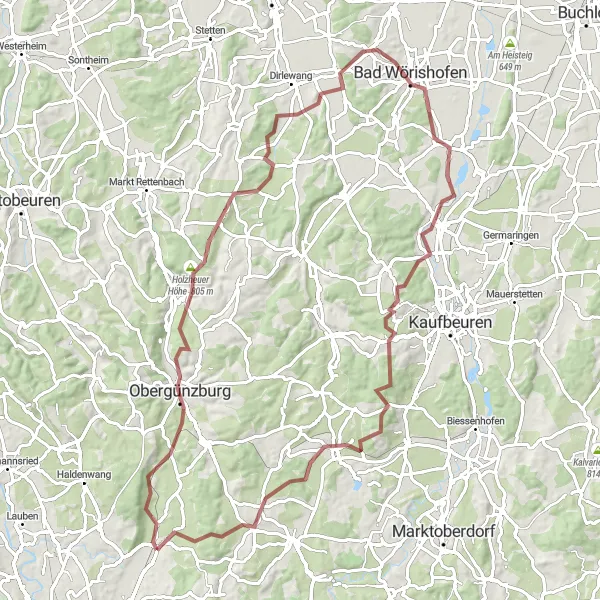Map miniature of "Gravel Ride through Obergünzburg and Pforzen" cycling inspiration in Schwaben, Germany. Generated by Tarmacs.app cycling route planner
