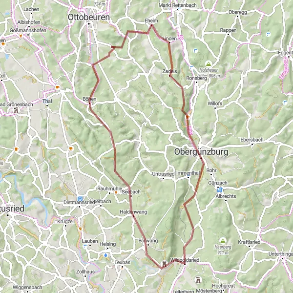 Map miniature of "Börwang and Obergünzburg Gravel Loop" cycling inspiration in Schwaben, Germany. Generated by Tarmacs.app cycling route planner