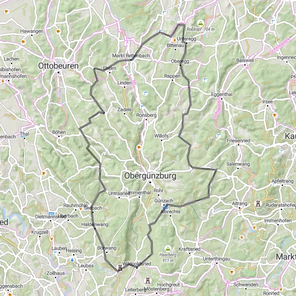 Karten-Miniaturansicht der Radinspiration "Rundtour über Börwang und Günzach" in Schwaben, Germany. Erstellt vom Tarmacs.app-Routenplaner für Radtouren