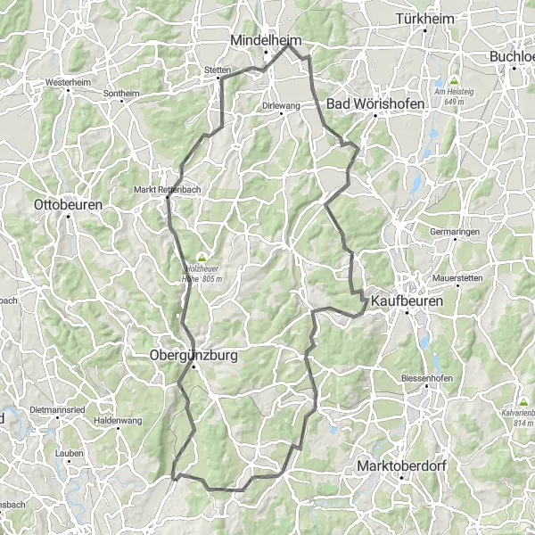 Map miniature of "Scenic Road Cycling Tour through Mindelburg" cycling inspiration in Schwaben, Germany. Generated by Tarmacs.app cycling route planner