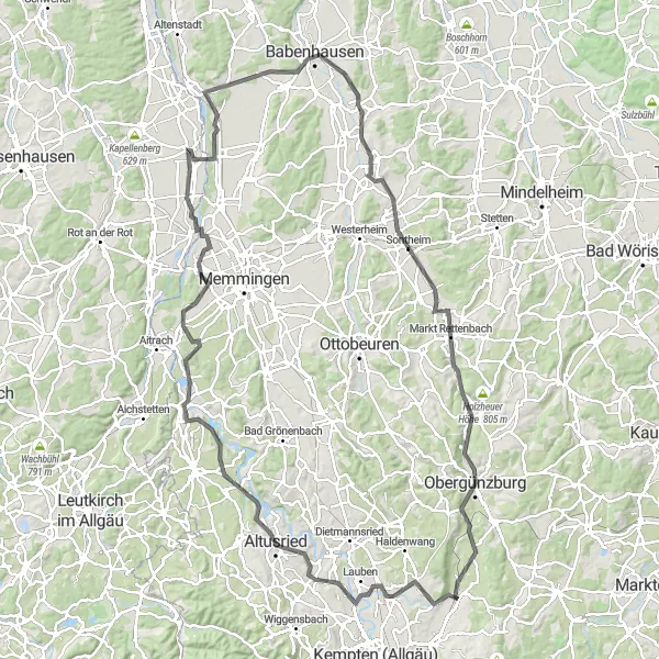 Map miniature of "Panoramic Views of Wildpoldsried" cycling inspiration in Schwaben, Germany. Generated by Tarmacs.app cycling route planner
