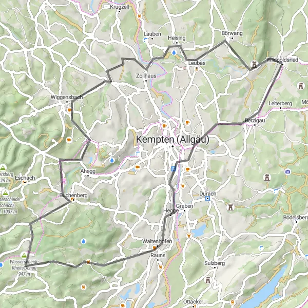 Karten-Miniaturansicht der Radinspiration "Panoramische Straßenfahrt durch Wildpoldsried" in Schwaben, Germany. Erstellt vom Tarmacs.app-Routenplaner für Radtouren
