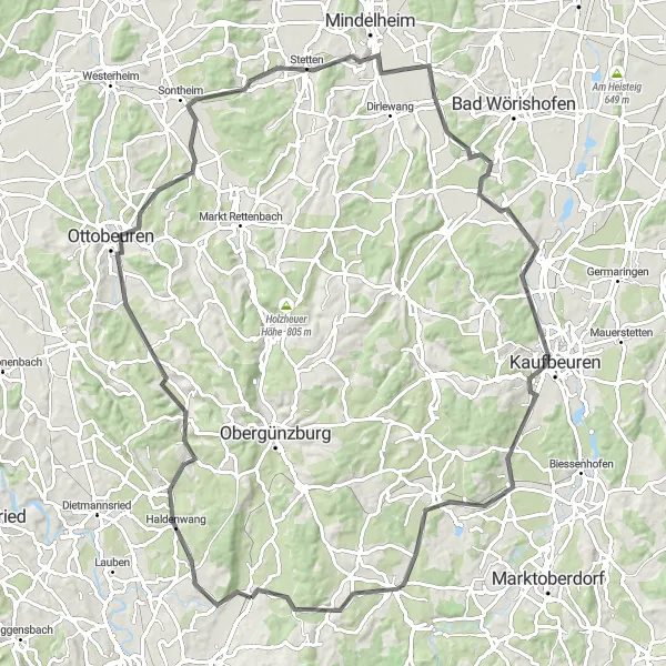 Map miniature of "Century Ride: Wagegg to Meggenried" cycling inspiration in Schwaben, Germany. Generated by Tarmacs.app cycling route planner