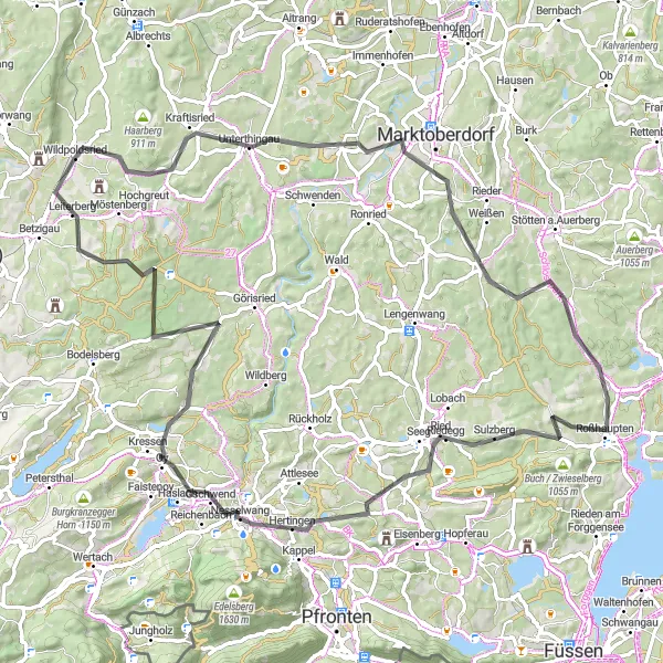 Karten-Miniaturansicht der Radinspiration "Straßenfahrt durch malerische Landschaften" in Schwaben, Germany. Erstellt vom Tarmacs.app-Routenplaner für Radtouren