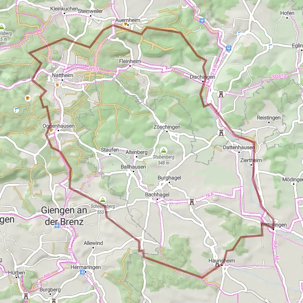 Karten-Miniaturansicht der Radinspiration "Gravel-Erlebnis von Wittislingen nach Ziertheim" in Schwaben, Germany. Erstellt vom Tarmacs.app-Routenplaner für Radtouren