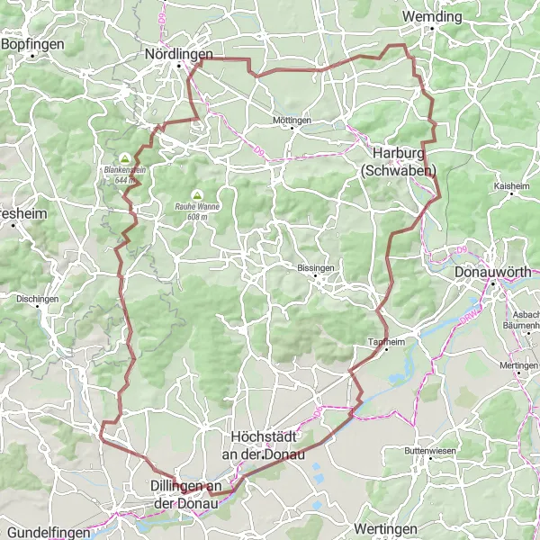 Karten-Miniaturansicht der Radinspiration "Rundweg von Wittislingen nach Dillingen" in Schwaben, Germany. Erstellt vom Tarmacs.app-Routenplaner für Radtouren