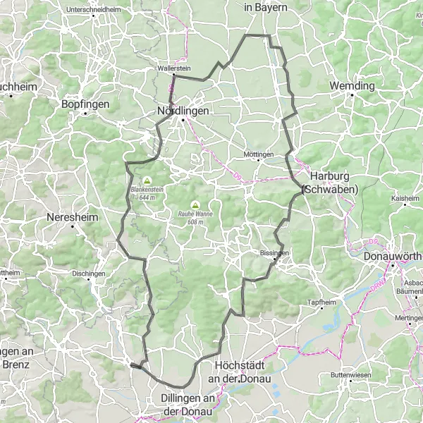 Karten-Miniaturansicht der Radinspiration "Umfassende Tour rund um Wittislingen und Wallerstein" in Schwaben, Germany. Erstellt vom Tarmacs.app-Routenplaner für Radtouren