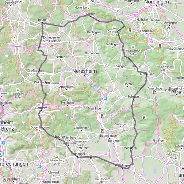 Karten-Miniaturansicht der Radinspiration "Rundtour um Wittislingen über Bachhagel und Mödingen" in Schwaben, Germany. Erstellt vom Tarmacs.app-Routenplaner für Radtouren