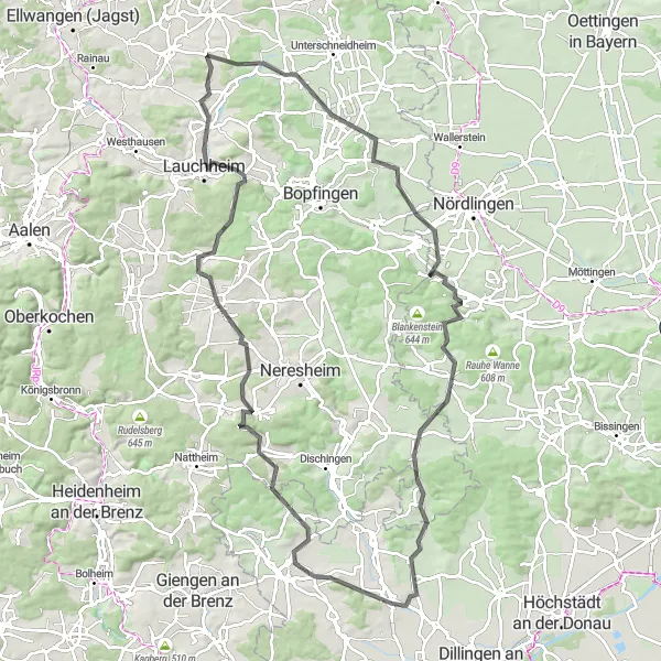 Karten-Miniaturansicht der Radinspiration "Rundtour rund um Wittislingen" in Schwaben, Germany. Erstellt vom Tarmacs.app-Routenplaner für Radtouren