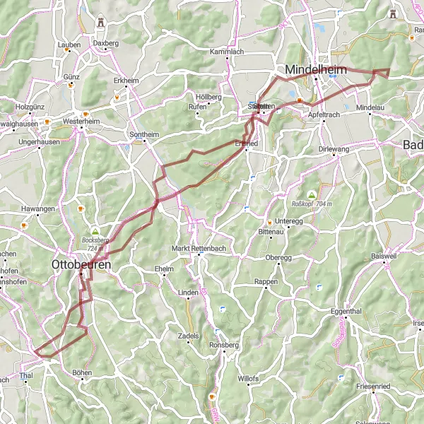 Map miniature of "Discover Mindelheim by Gravel" cycling inspiration in Schwaben, Germany. Generated by Tarmacs.app cycling route planner