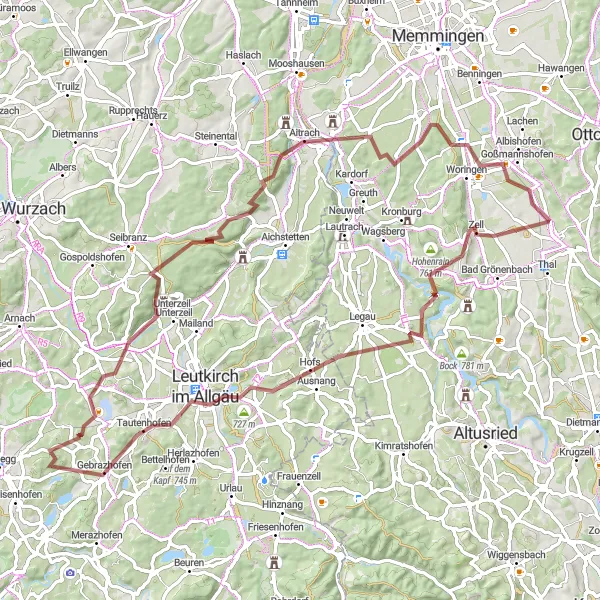 Map miniature of "Wolfertschwenden - Hohenrain - Oberbinnwang - Leutkirch im Allgäu - Winterberg - Schwarzer Berg - Schloss Zeil - Aitrach - Woringen - Wolfertschwenden" cycling inspiration in Schwaben, Germany. Generated by Tarmacs.app cycling route planner