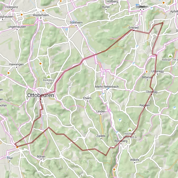 Map miniature of "Wolfertschwenden - Ottobeuren - Hochfirst - Erisried - Holzheuer Höhe - Ronsberg - Bibelsberg - Wolfertschwenden" cycling inspiration in Schwaben, Germany. Generated by Tarmacs.app cycling route planner