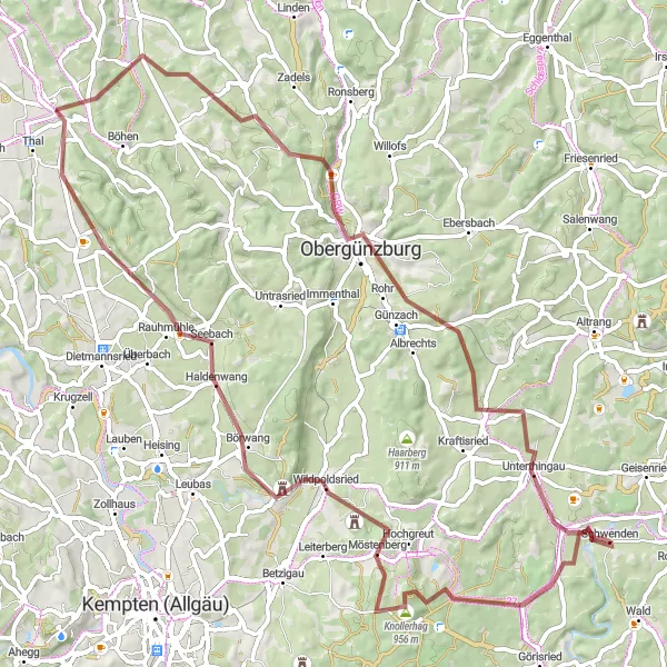 Map miniature of "Schwaben Gravel Adventure" cycling inspiration in Schwaben, Germany. Generated by Tarmacs.app cycling route planner