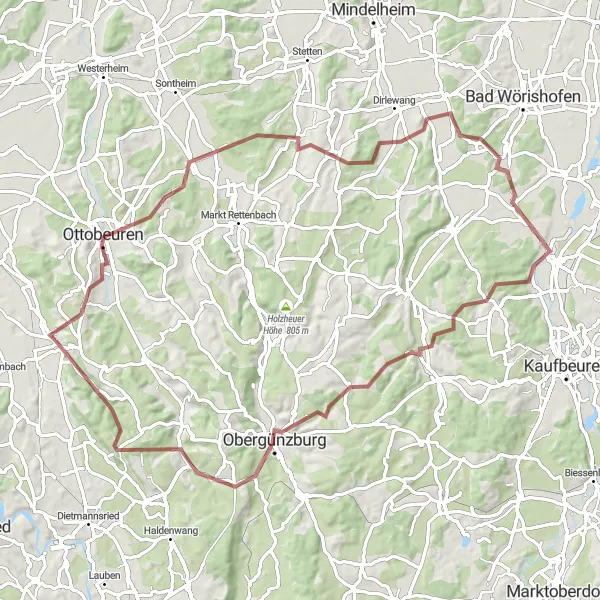 Map miniature of "Wolfertschwenden - Ottobeuren - Hochfirst - Roßkopf - Helchenried - Pforzen - Obergünzburg - Ehwiesmühle - Wolfertschwenden" cycling inspiration in Schwaben, Germany. Generated by Tarmacs.app cycling route planner