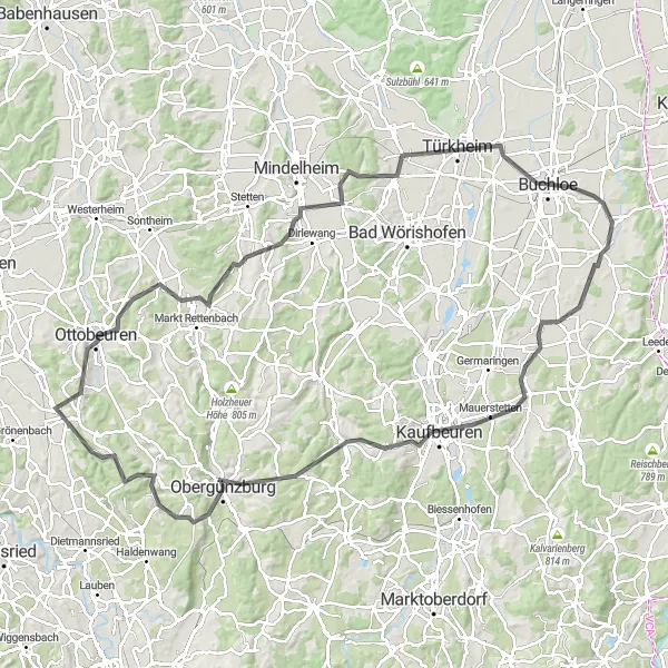 Map miniature of "Bavarian Hillside Adventure" cycling inspiration in Schwaben, Germany. Generated by Tarmacs.app cycling route planner