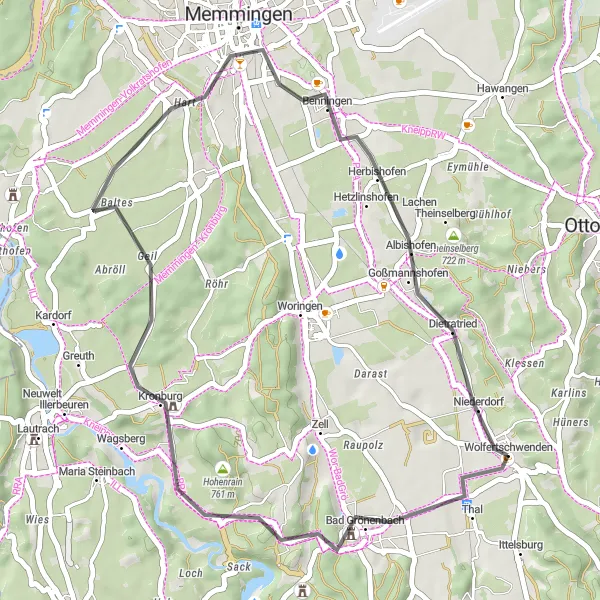 Map miniature of "Memmingen Exploration" cycling inspiration in Schwaben, Germany. Generated by Tarmacs.app cycling route planner