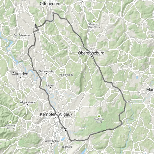 Map miniature of "Wolfertschwenden - Karlins - Obergünzburg - Görisried - Bodelsberg - Kempten (Allgäu) - Wolfertschwenden" cycling inspiration in Schwaben, Germany. Generated by Tarmacs.app cycling route planner