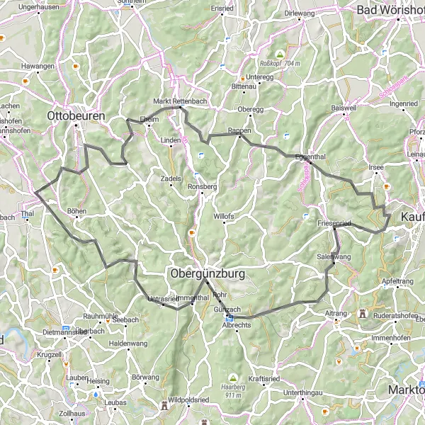 Map miniature of "Wolfertschwenden Road Loop" cycling inspiration in Schwaben, Germany. Generated by Tarmacs.app cycling route planner