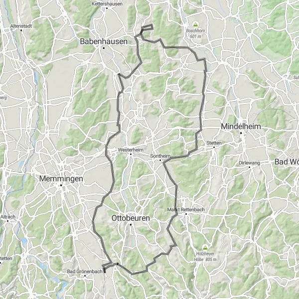 Map miniature of "Wolfertschwenden - Hawangen - Egg an der Günz - Kirchhaslach - Kammlach - Dingisweiler - Böhen - Wolfertschwenden" cycling inspiration in Schwaben, Germany. Generated by Tarmacs.app cycling route planner