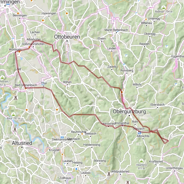 Map miniature of "Untrasried and Günzach Loop Gravel Route" cycling inspiration in Schwaben, Germany. Generated by Tarmacs.app cycling route planner