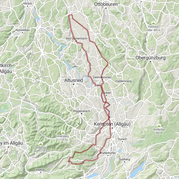 Map miniature of "Donau-Rhein Watershed Gravel Route" cycling inspiration in Schwaben, Germany. Generated by Tarmacs.app cycling route planner