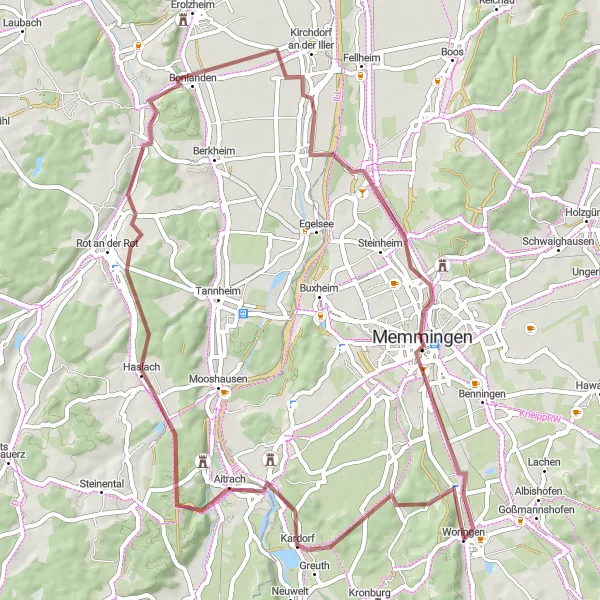 Map miniature of "Memmingen Rural Escape Gravel Route" cycling inspiration in Schwaben, Germany. Generated by Tarmacs.app cycling route planner