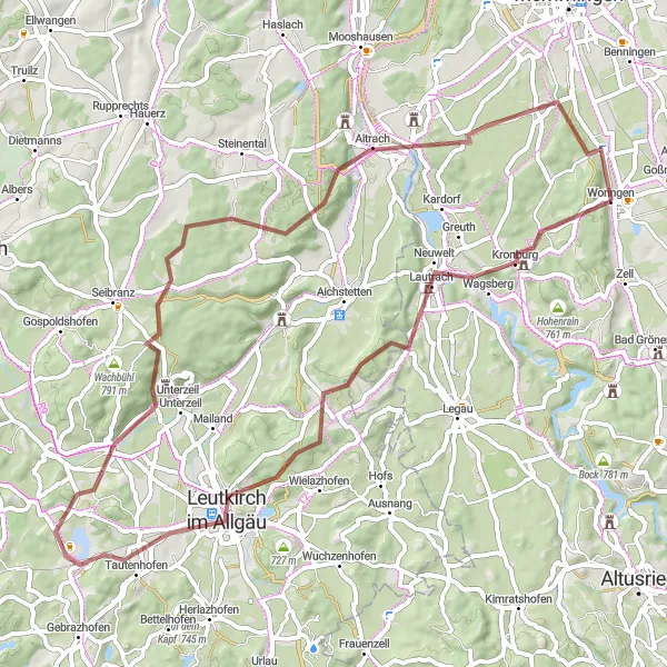Karten-Miniaturansicht der Radinspiration "Rundweg Kronburg und Balterazhofer Höhe" in Schwaben, Germany. Erstellt vom Tarmacs.app-Routenplaner für Radtouren