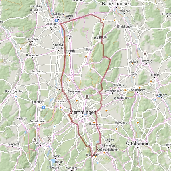 Map miniature of "Gravel Route from Woringen to Woringen" cycling inspiration in Schwaben, Germany. Generated by Tarmacs.app cycling route planner