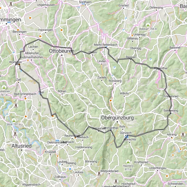 Map miniature of "Magical Bavarian Landscapes and Historic Landmarks" cycling inspiration in Schwaben, Germany. Generated by Tarmacs.app cycling route planner