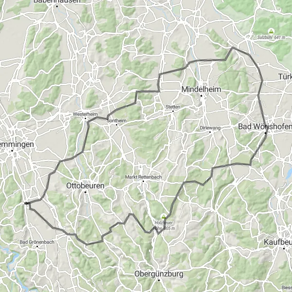 Karten-Miniaturansicht der Radinspiration "Hügelige Tour durch Hawangen und Bad Wörishofen" in Schwaben, Germany. Erstellt vom Tarmacs.app-Routenplaner für Radtouren