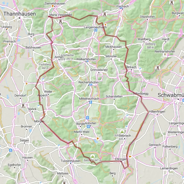 Map miniature of "Off-Road Gravel Adventure in the Swabian Countryside" cycling inspiration in Schwaben, Germany. Generated by Tarmacs.app cycling route planner