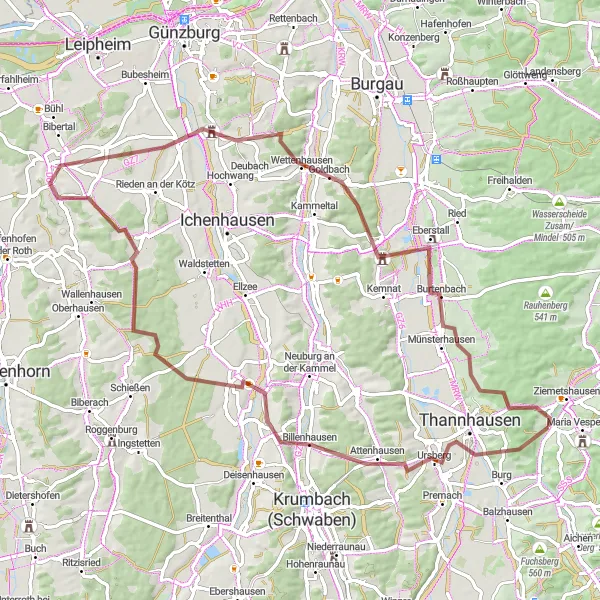 Map miniature of "Gravel Adventure Along Günztal Panorama" cycling inspiration in Schwaben, Germany. Generated by Tarmacs.app cycling route planner