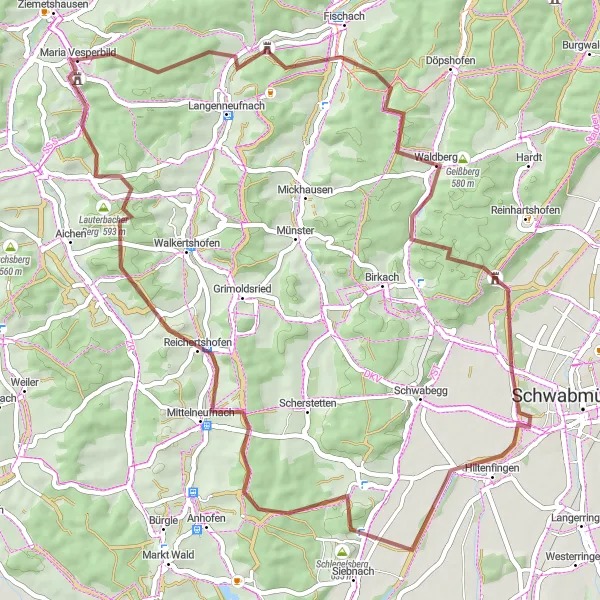 Map miniature of "Scenic Gravel Loop Amidst Natural Beauty" cycling inspiration in Schwaben, Germany. Generated by Tarmacs.app cycling route planner