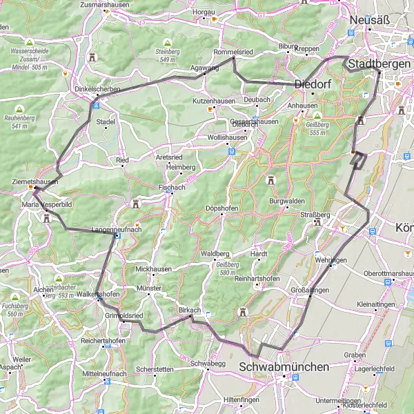 Map miniature of "The Schwaben Grand Tour" cycling inspiration in Schwaben, Germany. Generated by Tarmacs.app cycling route planner