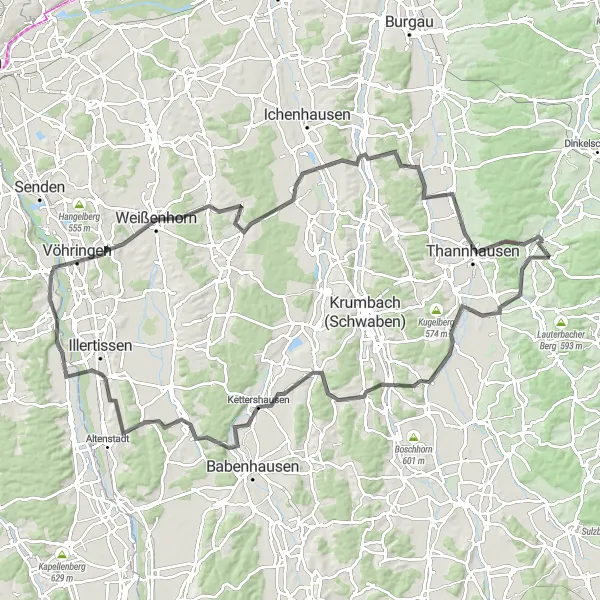Map miniature of "Scenic Road Cycling Adventure in Schwaben" cycling inspiration in Schwaben, Germany. Generated by Tarmacs.app cycling route planner